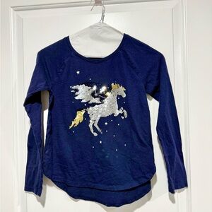 GAP. Girls, navy blue, sequins, unicorn long sleeve T-shirt. Size large.